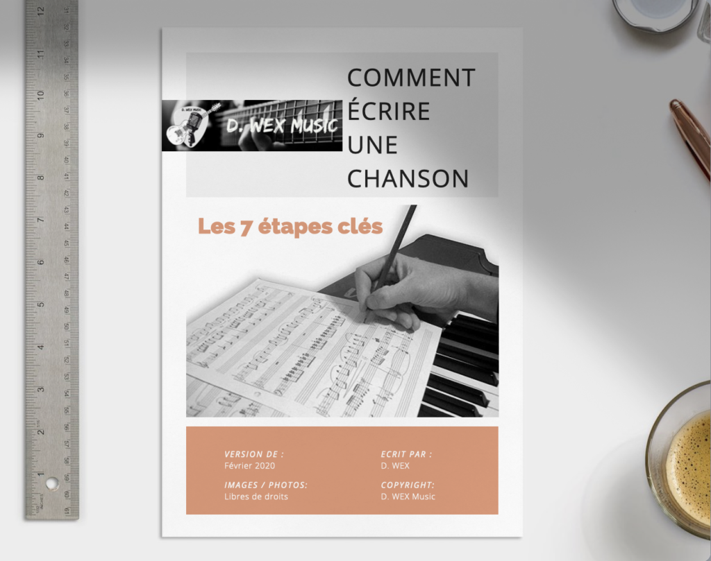 Image représentant l'ebook de D. WEX sur "comment écrire une chanson". Cet ebook téléchargeable gratuitement est un outil indispensable pour savoir comment vivre de sa musique.