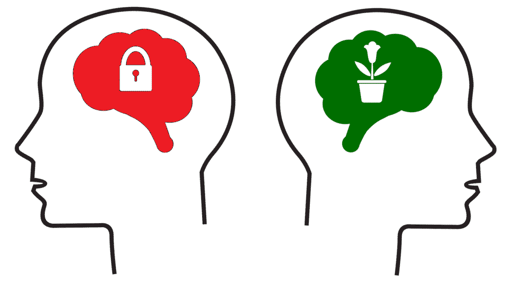 Image représentant deux personnes dos à dos, l'un avec un cerveau rouge avec un cadenas et l'autre avec un cerveau vert et une plante qui y pousse. Le mindset est indispensable pour vivre de sa musique.